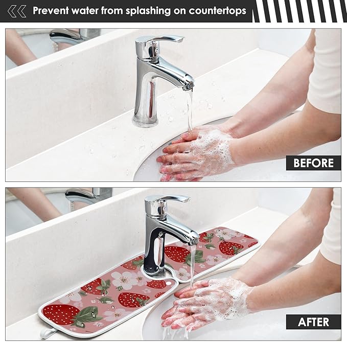 2 PCS Kitchen Sink Splash Guard 23.6 Inch Faucet Mat for Kitchen Sink Bathroom Sink Faucet Absorbing Drip Drain Mat Pad Microfiber Soft Washable Pink and Red Strawberry Flowers