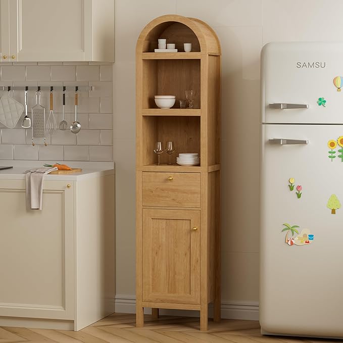 Arched Tall Cabinet 67", Adjustable Shelf Bathroom Storage with Door & Drawer, Narrow Farmhouse Pantry Cabinet for Kitchen, Study Room, Hallway, Easy Assembly - Natural Oak