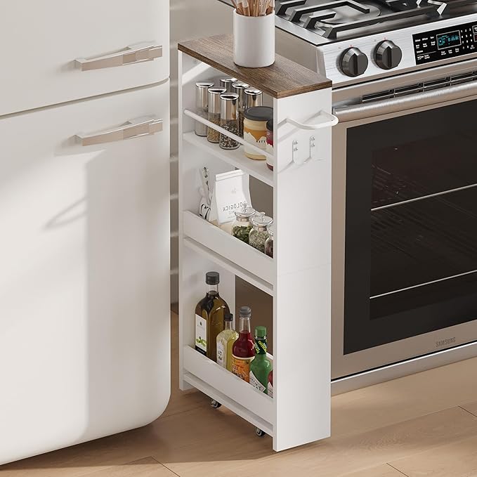 ChooChoo 4-Tier Slim Storage Cart, 5.5 inches Wide Narrow Storage Cabinet with 360° Wheels and 2 Hooks, Laundry Room Storage Organizer for Kitchen, Narrow Places, Walnut+White