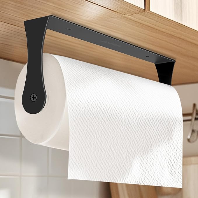 Under Cabinet Paper Towel Holder, Stainless Steel Paper Towel Holder – Wall Mount or Under Cabinet Mount Paper Roll Holder for Kitchen & Bathroom (2 Pack Black)