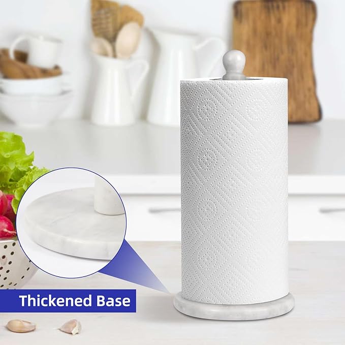 Handmade Marble Paper Towel Holder - 12" Upright Paper Roll Dispenser with Heavy Non-Slip Base for Easy One-Handed Tear - Ideal for Kitchen Countertops, Cabinets, and Bathrooms-White & Light Grey…