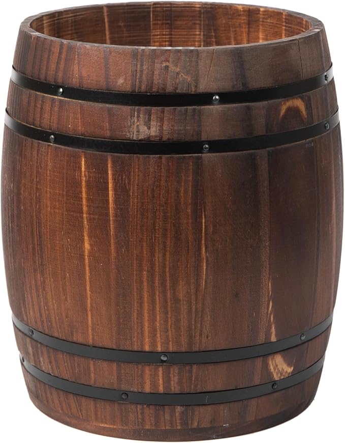 Rustic Dark Brown Wood Utensil Crock Wine Barrel Kitchen Organization Countertop Holder Black Metal Cooking Tools Culinary Gadgets Compact Storage Vintage Wooden Organizer Home Restaurant