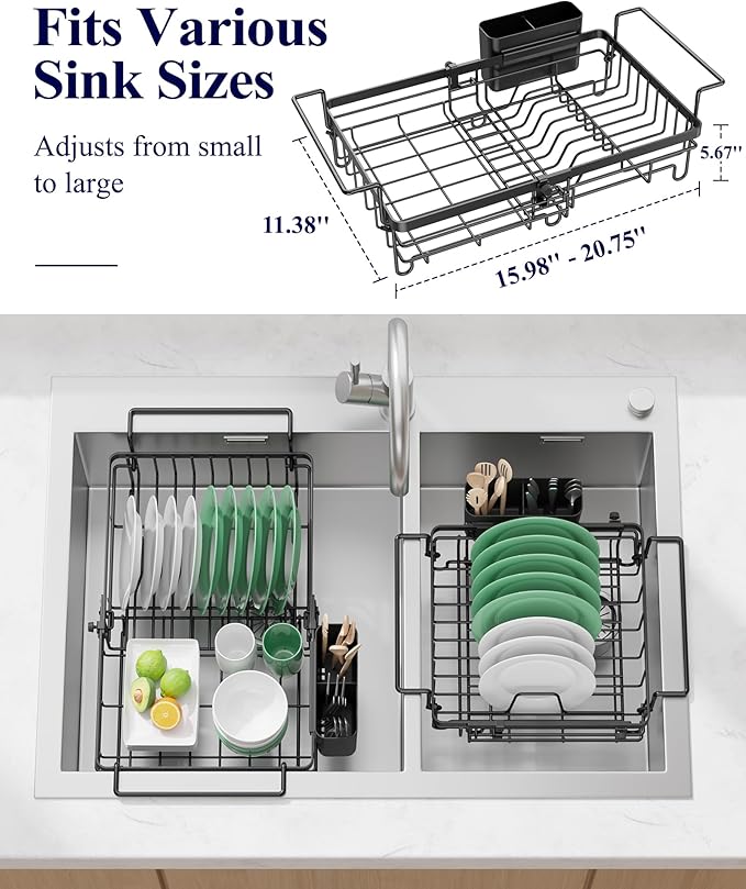 Kitsure Dish Drying Rack – Expandable in-Sink or Over-Sink Dish Rack for Kitchen Counter, Rust-Resistant Metal Dish Strainer with Cutlery Holder, 16.0"-20.7" L x 11.4" W x 5.7" H, Black