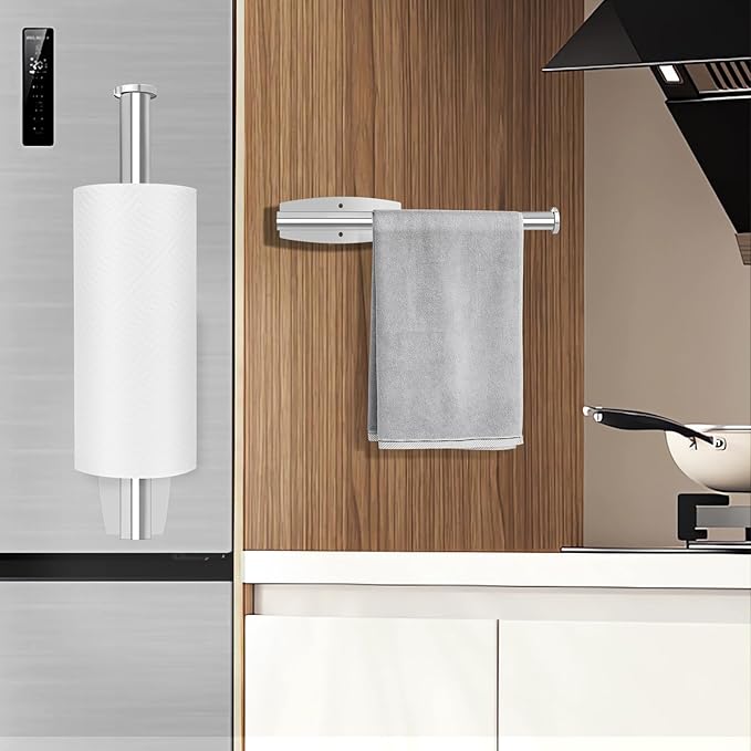 Paper Towel Holder, Self Adhesive or Drilling Paper Towel Holder Under Cabinet for Kitchen, Bathroom, Sink, Pantry, Fridge, Stainless Steel Paper Towel Roll Rack (Silver)