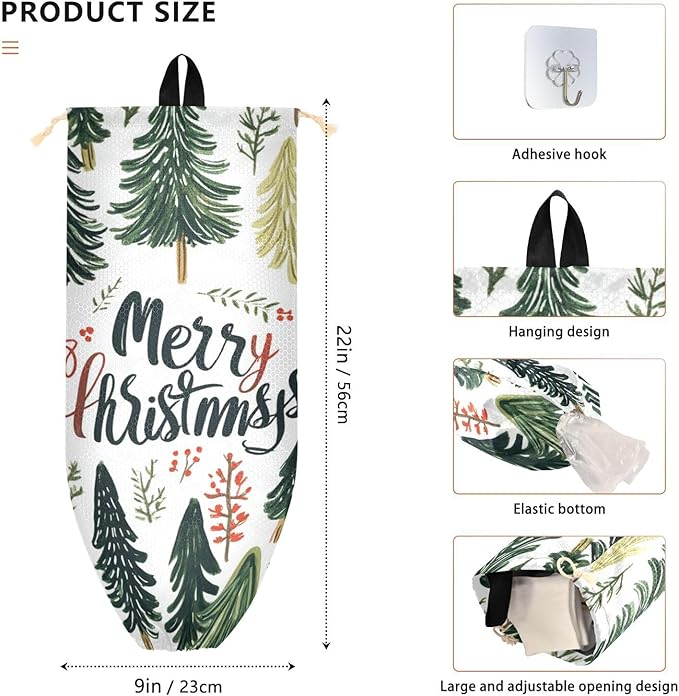 Plastic Bag Holder Wall Mount Grocery Bag Shopping Bag Storage Holder Organizer Dispenser with Adhesive Hook,for Kitchen Bathroom Home Decor 9x22 Inches Green Pine Trees35