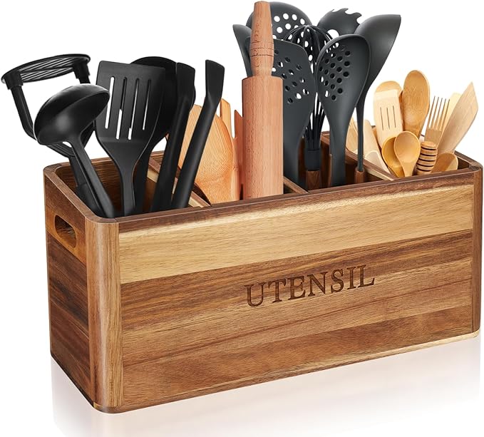 Acacia Wood Utensil Holder for Kitchen Counter, 4 Compartment Farmhouse Heavy-Duty Flatware Caddy & Silverware Organizer - Large Kitchen Decor for Spoons, Forks, Parties, Coffee Bar & RV