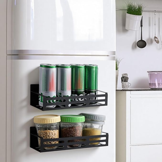 xozeooeu 3 Pack Magnetic Spice Rack for Refrigerator with Paper Towel Holder, Black Rustproof Fridge Organizer, Strong Magnetic Kitchen Storage Shelves
