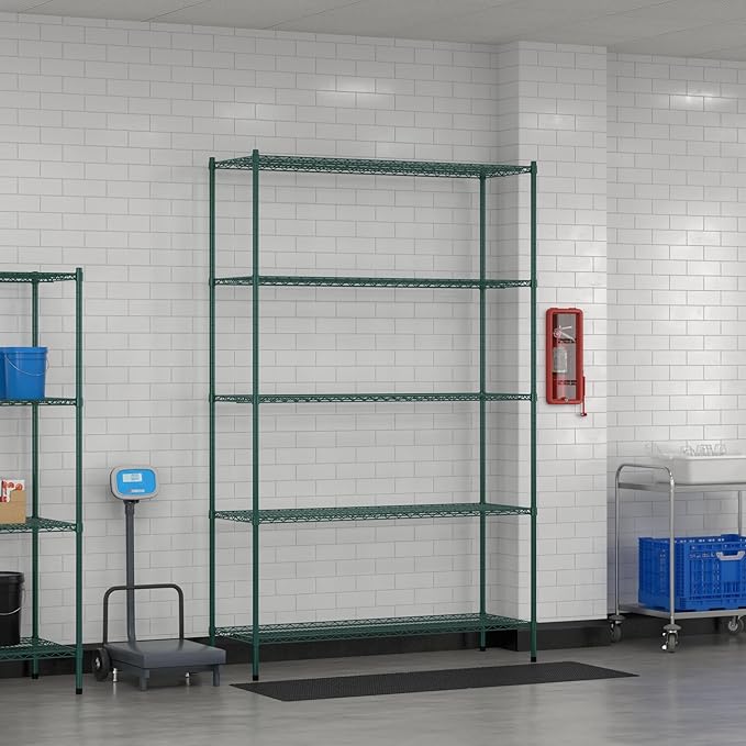 Commercial NSF Listed Green Epoxy Stationary Wire Shelving Kit 21" x 60" x 96", with 5 Shelves Perfect for Warehouse, Walk-in Refrigerator, Freezer, Grocery Store, Restaurant, Dishroom