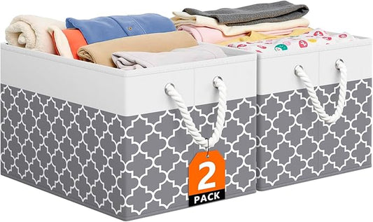 Storage Bin,Collapsible Storage Basket For Organizing,Large Storage Boxes With Rope Handles,Storage Containers,Clover Grey,2 Pack