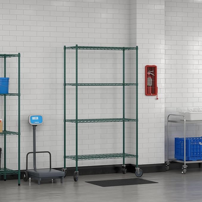 Commercial NSF Listed Green Epoxy Mobile Wire Shelving Kit 18" x 42" x 80", with 4 Shelves Perfect for Warehouse, Walk-in Refrigerator, Freezer, Grocery Store, Restaurant, Dishroom