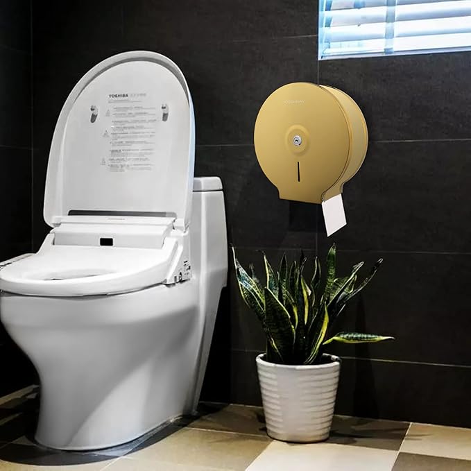 Commercial Jumbo Toilet Paper Dispenser, Wall Mount Stainless Steel 9 Inch Roll Toilet Paper Holder Bath Tissue Dispenser with Lock Key (Gold)
