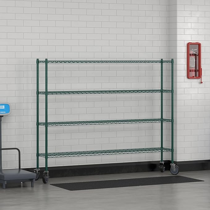 Commercial NSF Listed Green Epoxy Mobile Wire Shelving Kit 12" x 72" x 60", with 4 Shelves Perfect for Warehouse, Walk-in Refrigerator, Freezer, Grocery Store, Restaurant, Dishroom