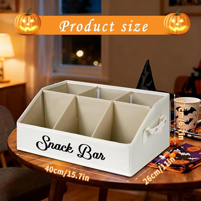 Snack Organizer for Countertop, Snack Basket with Adjustable Compartments via Velcro, 6 Compartment Food Container, Basket for Snacks with PU Handles, Beige