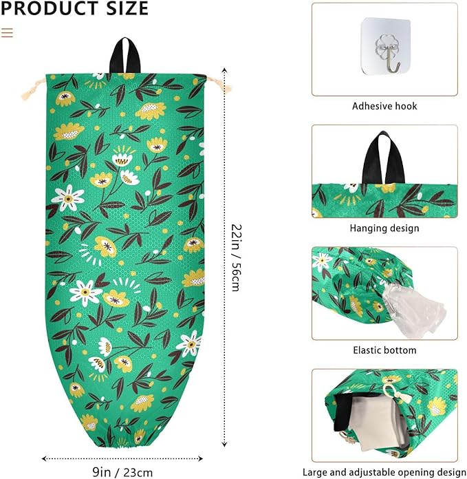 1 PC Plastic Bag Holder Wall Mount Grocery Bag Holder Shopping Bag Trash Bag Storage Organizer Dispenser for Kitchen Closet 22 x 9 Inch Small Flowers Green
