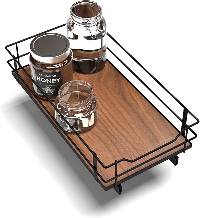 Home Zone Living Pull Out Kitchen Cabinet Organizer with Slide Out Drawer for Space Saving Storage, 11”W x 21”L, Matte Black Dark Brown Wood Finish