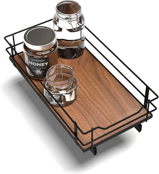 Home Zone Living Pull Out Kitchen Cabinet Organizer with Slide Out Drawer for Space Saving Storage, 11”W x 21”L, Matte Black Dark Brown Wood Finish