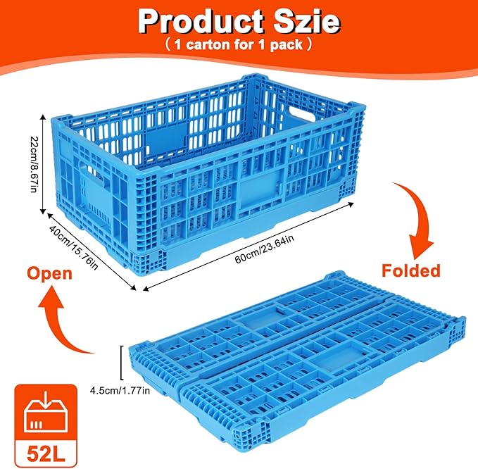 Shineyaplus Collapsible Milk Crate, 1 pck 52L(13GAL) Stackable Storage Bins, Heavy Duty Storage Crates, Plastic Crates for Grocery, Warehouse Organization - Extra Large, Holds 130 lbs Per Bin