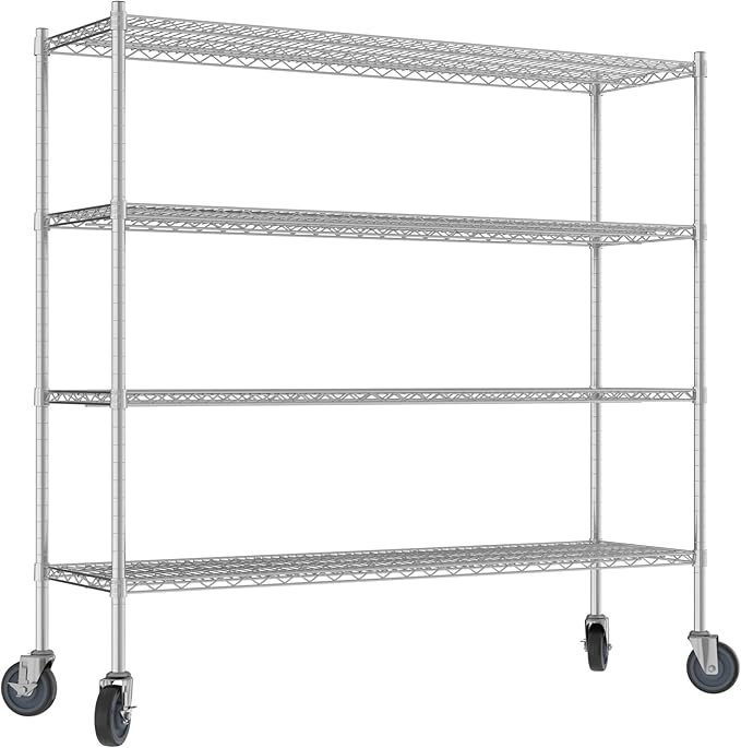 Commercial NSF Listed Chrome Mobile Wire Shelving Kit 18" x 60" x 60", with 4 Shelves Perfect for Warehouse, Walk-in Refrigerator, Freezer, Grocery Store, Restaurant, Dishroom