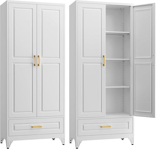 75" Kitchen Pantry Cabinet with Drawer, Metal Storage Cabinets with Doors and 4 Adjustable Shelves,White Kitchen Cabinet with 2 Gold Handles,Food Cupboard for Livingroom,Pantry, Bathroom