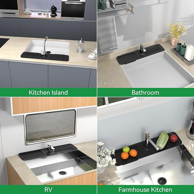 Kitchen Sink Splash Guard Behind Faucet 24 x 5.5 Inch, Toovem Faucet Handle Drip Catcher Tray, Longer Silicone Sink Faucet Mat, Dish Soap Sponge Holder for Bathroom, Farmhouse, Bar, Rv,Black
