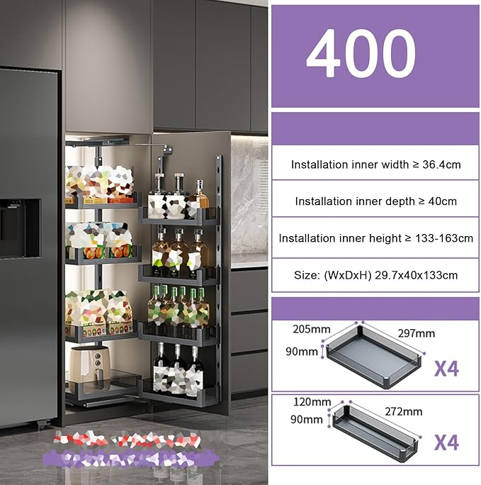 WIGING 4-Tier Narrow Cabinet Pull-Out Basket, High Cabinet Pull-Out Storage Rack with Adjustable Dividers for Kitchen Bathroom Pantry, Single-Layer Load Capacity: 15kg(29.7x40x133cm)