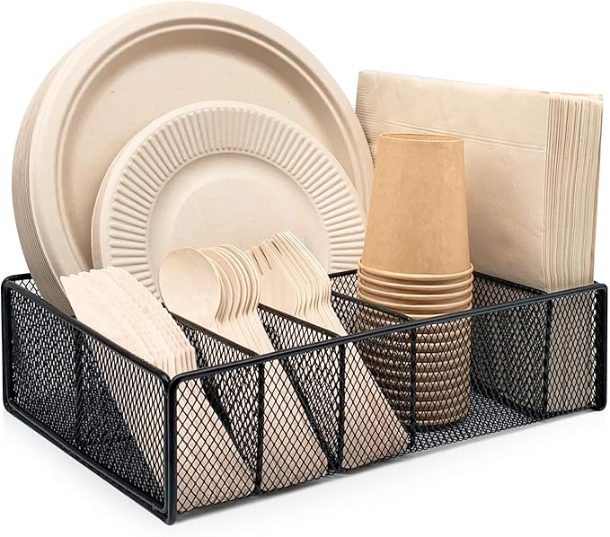 Metal Paper Plate Holder - Utensil Silverware Caddy for Kitchen Counter Cabinet Cutlery Flatware Organizer Storage Dispenser Box for Plastic Spoon Fork Plates Napkins Cup Party Camping Black