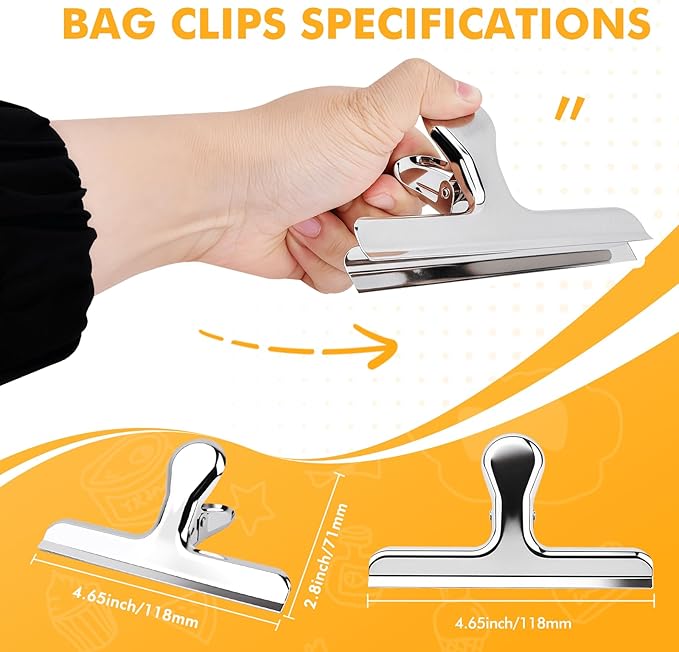 12Pack Heavy Duty Chip Bag Clip for Food, Sliver Metal Chip Clips for Food Storage, Stainless Steel Bag Clips, for Food Packages Kitchen and Office, 5 Inches