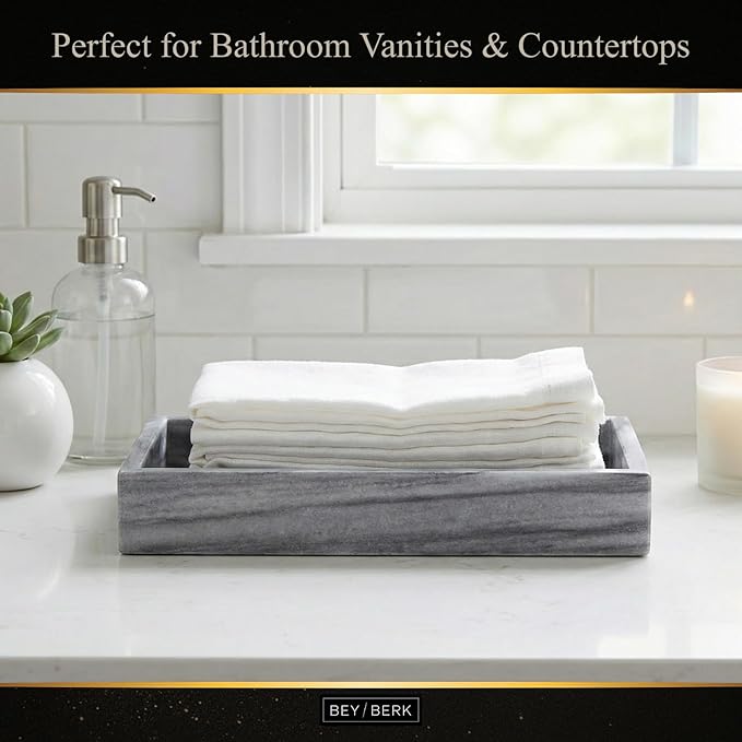 Bey-Berk Ezra Carrera Genuine Marble Guest Towel Tray (Grey), 9" x 5.75" Bathroom Counter Organizer, Sculpted Marble Luxury Accent