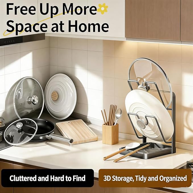 Kitchen Pot Lid Storage Rack & Spoon Rest – Heavy-duty Pot Lid Holder While Cooking with Removable Drip Tray,Multifunctional Countertop Storage Stand for Pots And Pans,Space-Saving Lid Rack-2PCS