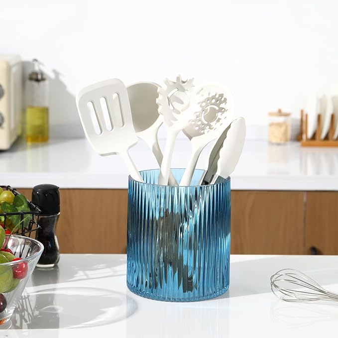 Blue Utensil Holder, 6.3" Glass Kitchen Utensil Holder for Countertop, Large Cooking Utensil Holders for Kitchen Counter, Utensil Crocks for Farmhouse Decor