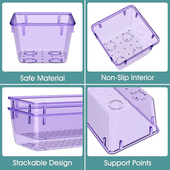 WOWBOX 6 PCS Clear Plastic Drawer Organizer Set, Desk Drawer Divider Organizers and Storage Bins for Makeup, Jewelry, Gadgets for Kitchen, Bedroom, Bathroom, Office, Purple