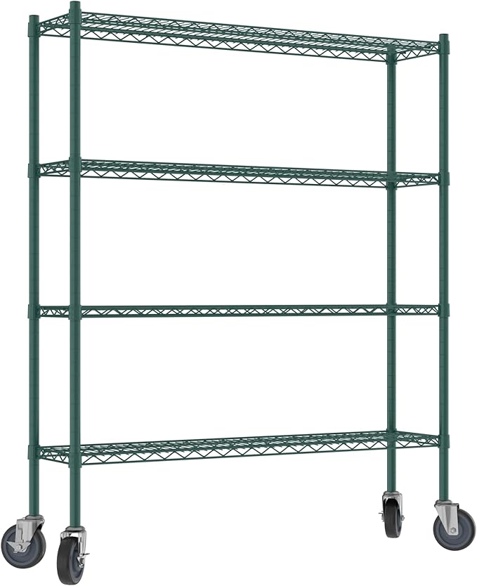 Commercial NSF Listed Green Epoxy Mobile Wire Shelving Kit 12" x 48" x 60", with 4 Shelves Perfect for Warehouse, Walk-in Refrigerator, Freezer, Grocery Store, Restaurant, Dishroom