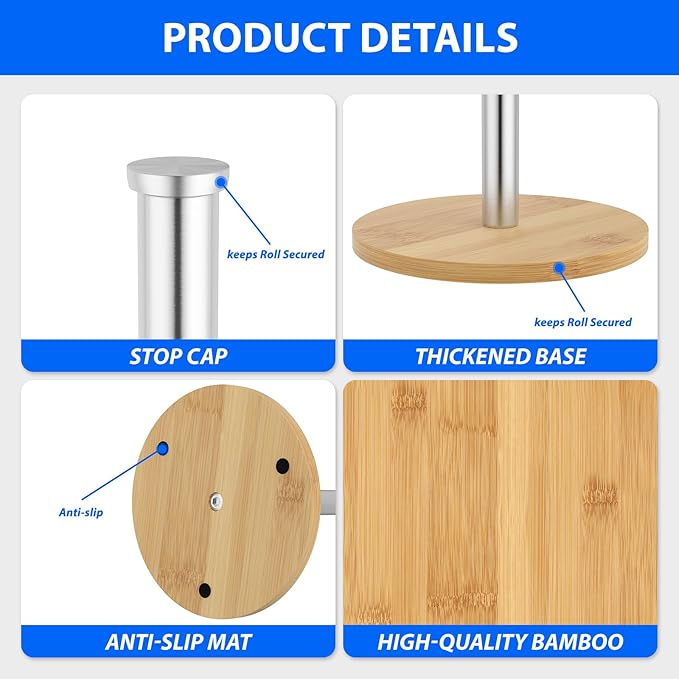 Paper Towel Holder Countertop, Weighted Wooden Base, Stainless Steel, FreeStanding, Easy Install, Durable, Ideal for Home,RV,Bathroom,Farmhouse Essentials Decor Accessories (Sliver)
