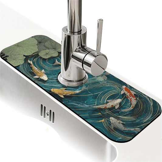 Kitchen Sink Splash Guard，koi fish swimming Faucet Mat Sink Gadgets-Super Absorbent Fast Drying Mat Drip Catcher for Kitchen, Bathroom,Sink Mat, Dish Drying Mat, Bathroom(15" X 5.5" )