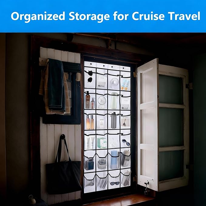 Magnetic Door Organizer with Hooks, 24 Mesh Pockets, Over Door Storage Solution, White, 55x21 Inch, Magnetic Shoe Rack Holder for Cruise Ship Cabins
