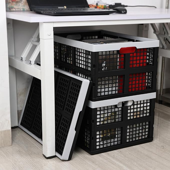 Zopnny 66 L Large Plastic Collapsible Storage Basket, Heavy Duty Stackable Storage Crate, 3 Packs