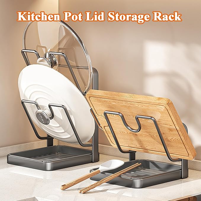Kitchen Pot Lid Storage Rack, Pot Lid Holder While Cooking with Tray, Multifunctional Holder and Spoon Rest, Pot Lid Organizer Rack for Stove Top Countertop, Pot Keeper Collector (White-Double-layer)