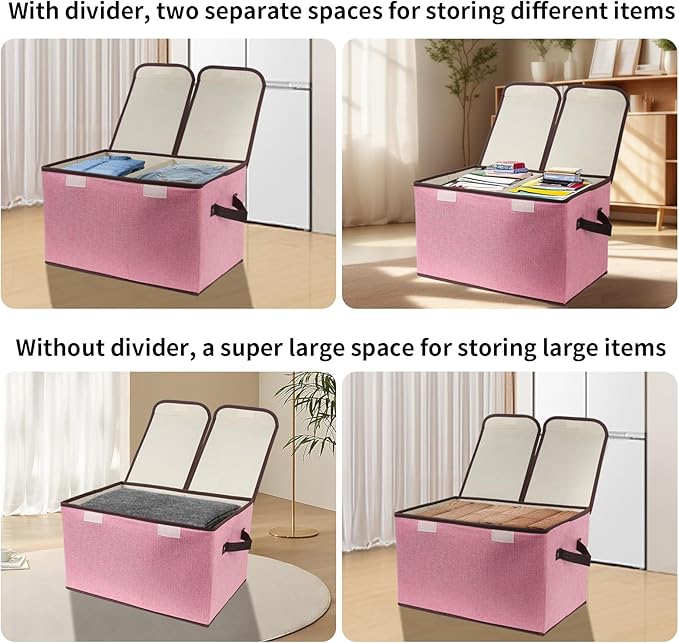 Foldable Fabric Storage Box, 16.5 x 11.8 x 9.8 inches (L x W x H), with Double-Lid & Dividers, Large Organizer for Home, Closet, Office(Pink, 4 Packs)