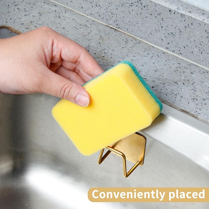4 Pcs Adhesive Sponge Holder for Kitchen Sink Essentials,No Drilling.Stainless Steel Small Dish Sponge Holder for Sink Counter,Dish Sponge and Brush Organization Holder.Rustproof and Waterproof,Gold