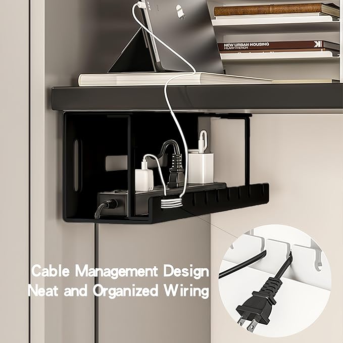 Under Desk Cable Management 12'' Tray Wires Organizer Power Strip Management No Drill Under Table Organizer for Cable Storage (BLACK-30CM)