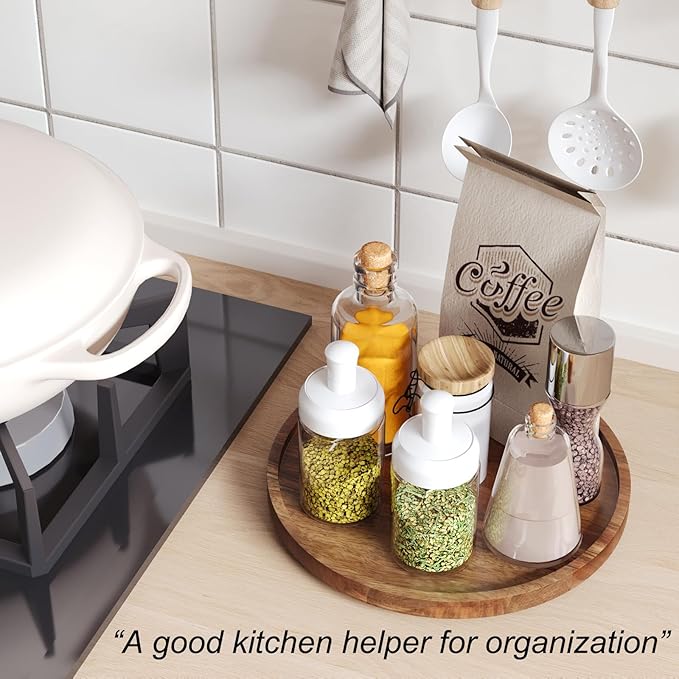 Lazy Susan Organizer for Kitchen, Acacia Wood Turntable for Cabinet, Pantry, Table, Countertop, Vanity, Spice Rack（Medium）
