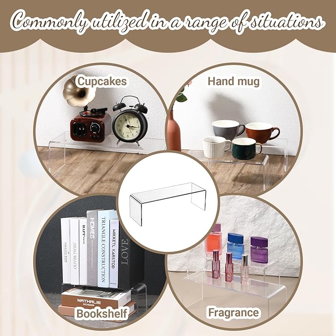 4 Pcs Acrylic Risers Display Stands, 12" x 4" x 4" Clear Acrylic Cabinet Organizer Shelf Kitchen Spice Rack Countertop Display Rack for Dishes, Bottles, Perfumes, Ornaments (5mm Thick)