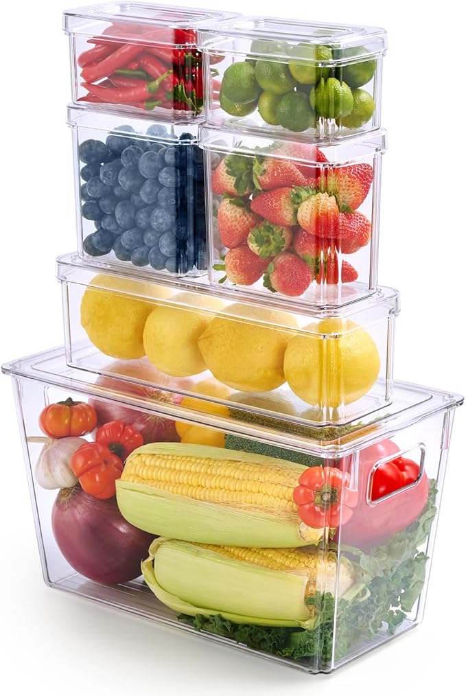 MUCHII 6 Pack Fridge Organizers and Storage, Stackable Fridge Organizer Bins with Lids, Kitchen Organizer Storage Containers for Fruit, Food, Vegetables