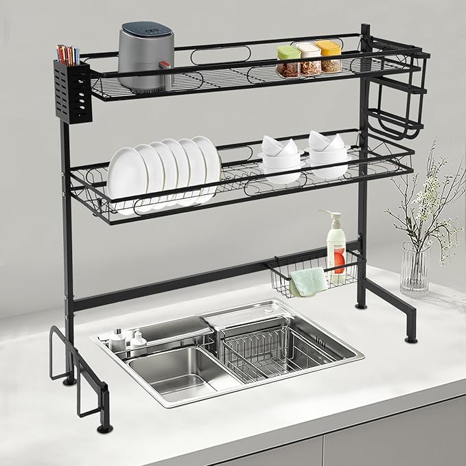 Over The Sink Dish Drying Rack, 2-Tier Carbon Steel Dish Rack with 22.05lbs High Load-Bearing, Adjustable Storage Baskets & Utensil Holders, Black Kitchen Counter Organizer for Space Saving