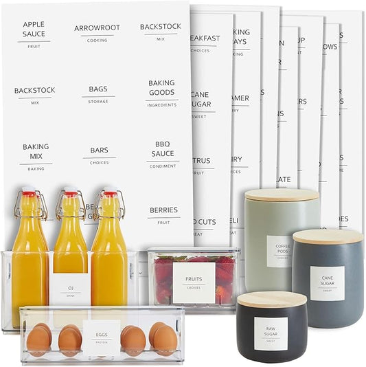 Talented Kitchen Minimalist Food Labels - 2.5" x 2.5" Matte White Vinyl, Pack of 157 - Pantry & Fridge Container Labels for Jars & Bins - Preprinted Food Storage Stickers, Water-Resistant