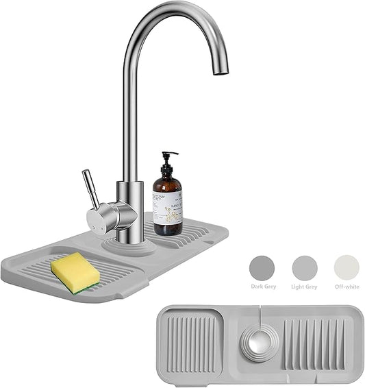 MOODKEY Kitchen Sink Splash Guard Sponge Holder - Silicone Faucet Drip Catcher Tray - Sink Protector - Fits Faucet Tube within 2.5" (Light Grey, 14.6")