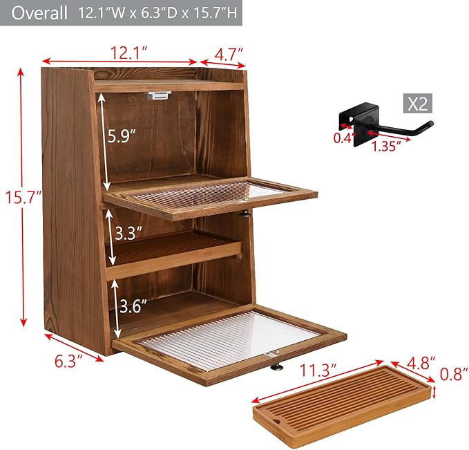 Ikee Design Rustic Wooden 2-Tier Countertop Storage Cabinet with Wavy Doors, Cupboard Organizer with Removable Bamboo Tea Tray, for Kitchen Pantry, Cups, Brown Color, 12.1W x 6.3D x 15.7H in