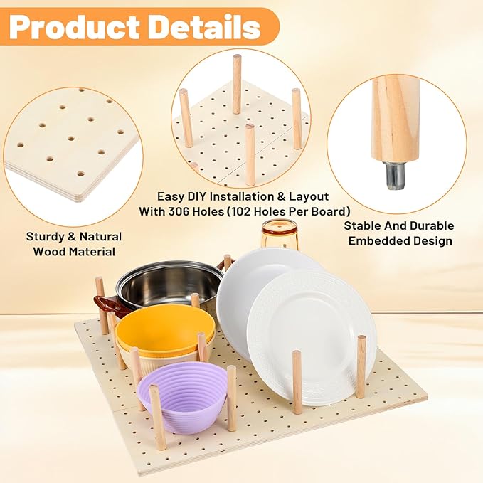 3-Pack Wood Pegboard Drawer Organizer with 24 Adjustable Pegs – Customizable Kitchen Drawer Plate & Utensil Organizer, Natural Wood