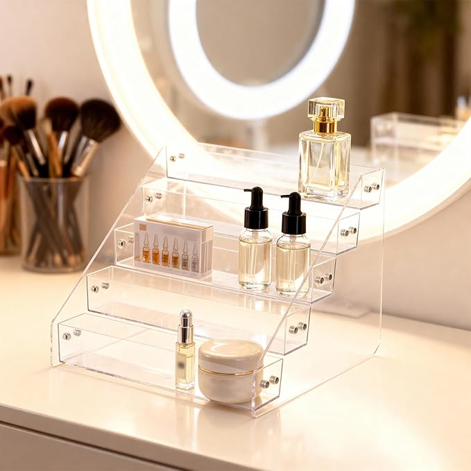 1 Pcs Acrylic Display Shelf, 5 Tier Clear Spice Rack Organizer, Display Stand Risers Shelf, Tiered Spice Rack for Countertop, Cabinet, Pantry, Kitchen Storage