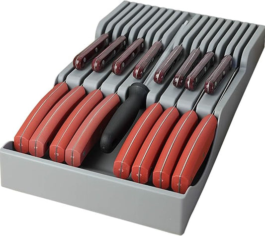 Knife Holder, In Drawer Knife Block Holder with Expandable Cutlery Tray Kitchen Drawer Organizer Insert-Holds 11 Knives for Save Space & Kitchen Safety (16 holder, Polypropylene (PP))